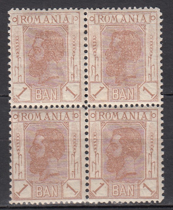 ROMANIA 1900/1906 LP 54 a REGELE CAROL I SPIC DE GRAU FARA FILIGRAN VALOAREA 1 BAN BRUN DESCHIS BLOC DE 4 TIMBRE GUMA ORIGINALA STARE MNH/SARNIERA
