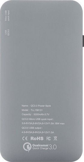 Acumulator extern Tellur Quick Charge 3.0, 5000 mAh, Cablu 3 in 1 inclus, Gri