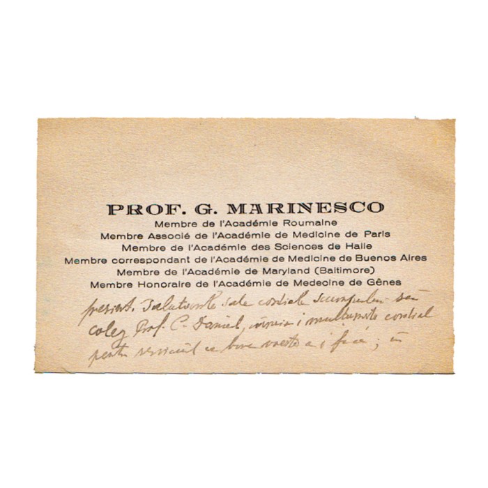 Gheorghe Marinescu, carte de vizită cu text olograf