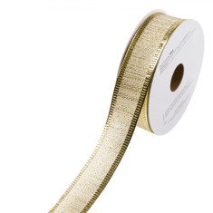 Panglică Decorativă Brad Crăciun, Model Ecru cu Fir Auriu, Lungime 5m, Lățime 22mm, Poliester