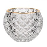 Suport Lum&acirc;nare, Diamond, Sticlă Transparentă, Margine Aurie, Diametru 7.8 cm, &Icirc;nălțime 6.3 cm, Oem