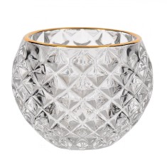 Suport Lum&acirc;nare, Diamond, Sticlă Transparentă, Margine Aurie, Diametru 7.8 cm, &Icirc;nălțime 6.3 cm