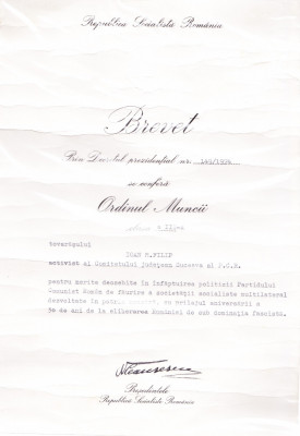 AMS# - BREVET ORDINUL MUNCII CL. III, 1974 foto