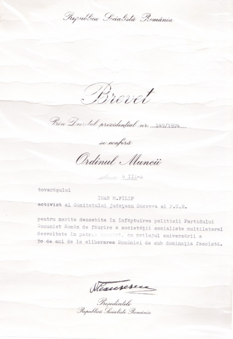 AMS# - BREVET ORDINUL MUNCII CL. III, 1974