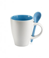 Cana ceramica cu lingurita alb-albastru foto
