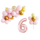 Set 31 Baloane Aniversare Cifra 6, 70cm, Roz Auriu. Aranjament Decor Petrecere Copii: 15x30cm, 15x25cm Latex + 1 Folie Aluminiu