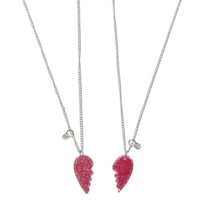 Coliere Copii, BFF, Inimă, Set 2 Bucăți, Culoare Fucsia, Glitter foto