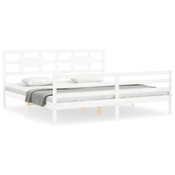 Cadru pat cu tablie 200x200 cm, alb, lemn masiv