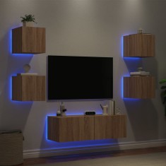 vidaXL Comode TV de perete cu lumini LED, 5 piese, stejar sonoma