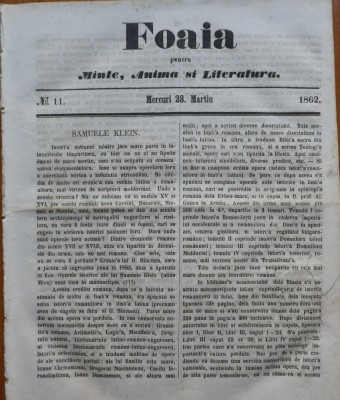Ziarul Foaia pentru minte , inima si literatura , nr. 11 , 1862 , Samuel Klein foto