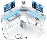 Cumpara ieftin Birou pentru calculator, 126x126x92CM, in forma de L, design cu lumina LED, cu Prize Incorporate, raft de depozitare, Cadru Metalic din Otel, Alb - CN