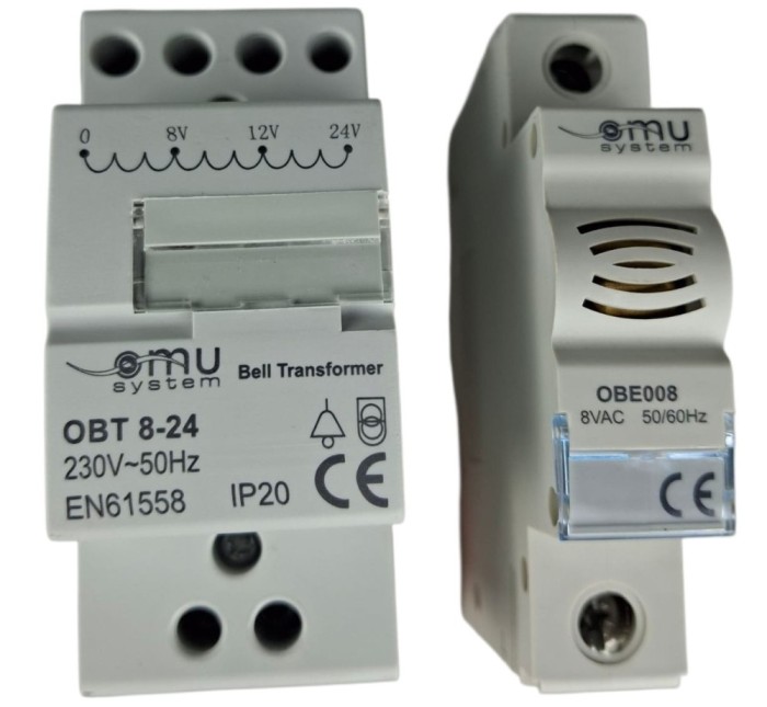 Set transformator de sonerie (8-24V) si sonerie 8V cu montaj pe sina DIN