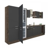 Mobilier de bucătărie Yorki 330, cu corp din stejar Yorki, fațade antracit cu finisaj satinat, cu dulap cu rafturi și frigider cu congelator &icirc;n partea