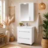 Baza si lavoar ceramic GN0541 cu oglinda dulap GN0201, mobilier baie stativ 60 cm, front MDF, 2 sertare, picioare cromate reglabile, LED, alb