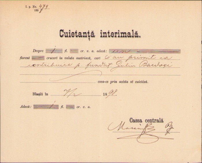 HST A1826 Chitanță Blaj 1898