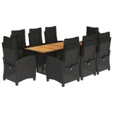 Set mobilier de gradina cu perne, 9 piese, negru, poliratan