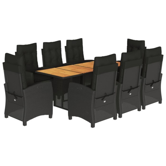 Set mobilier de gradina cu perne, 9 piese, negru, poliratan