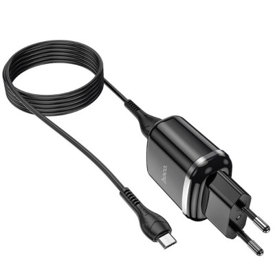 Incarcator priza EU, HOCO N4 Aspiring 12W, cu cablu microUSB, lungime 1m, 5V 2.4 A, 2 x USB, negru foto