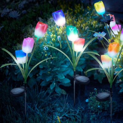 Set 2 buc Lampa Solara LED tip Floare Lalele Alb/Roz pentru Gradina, RGB Multicolor, Lumina in Culori Alternante, Inaltime 70cm foto