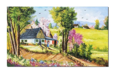 Tablou pictat manual, Pe plaiuri mioritice, amintiri de la bunici, 100x60cm ulei pe panza, Constantin Feraru foto