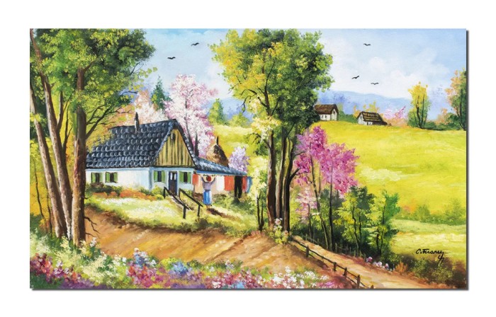 Tablou pictat manual, Pe plaiuri mioritice, amintiri de la bunici, 100x60cm ulei pe panza, Constantin Feraru