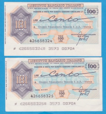 (1) 2 CEC-URI BANCARE ITALIENE- ISTITUTO BANCARIO ITALIANO, 100 LIRE,CONSECUTIVE foto