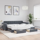 vidaXL Pat de zi cu extensie și sertare, gri &icirc;nchis, 90x190cm catifea