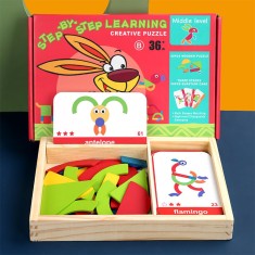 Joc magnetic tangram din lemn cu cărți englezești, nivel intermediar