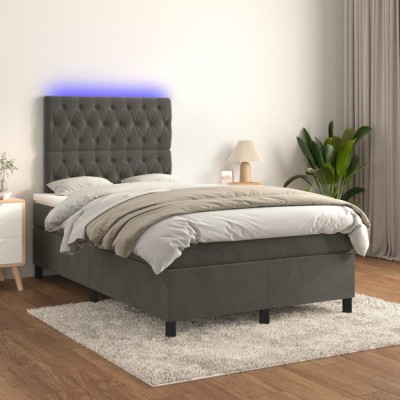 vidaXL Pat cu arcuri, saltea și LED, gri &amp;icirc;nchis, 120x200 cm, catifea 3136294 foto