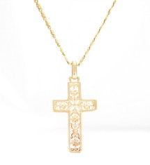 Pandantiv cruce din aur galben de 14K, cu motive florale