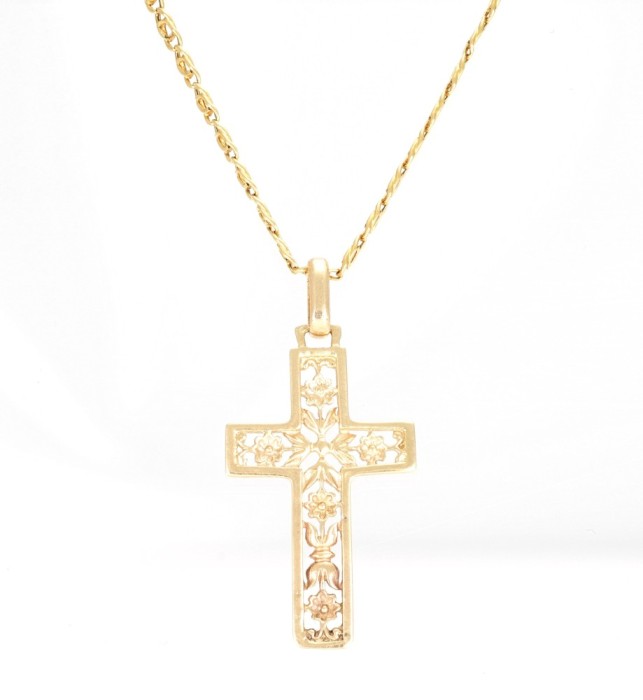 Pandantiv cruce din aur galben de 14K, cu motive florale