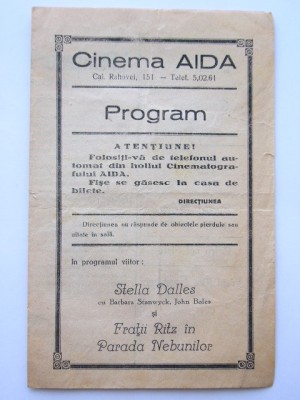 QW13 - Program cinematograf - Cinema Aida - anii 1930 foto