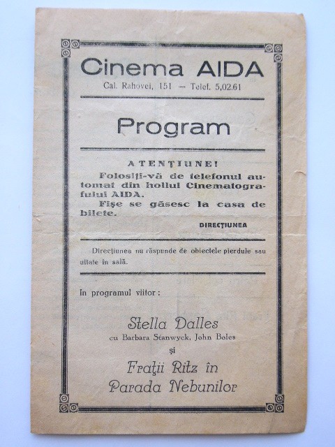QW13 - Program cinematograf - Cinema Aida - anii 1930