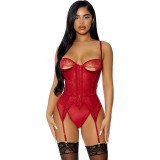 Lenjerie sexy 2 piese FORPLAY Peek Show Teddy Set, body erotic cu dantelă și decupaje + portjartier, roșu, mărime M