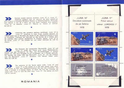 1971 Romania, Luna 16 si 17 bloc LP 756 a, pliant filatelic de prezentare foto
