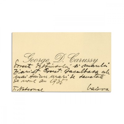 George D. Carussy, carte de vizită cu &amp;icirc;nsemnare olografă foto