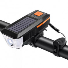 Far LED pentru Bicicleta cu Incarcare Solara sau USB, claxon