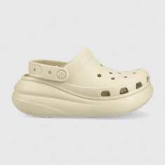 Crocs papuci Classic Crush Clog femei, culoarea bej, cu platformă 207521