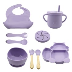 Set 10 piese diversificare bebelusi din silicon, baveta, farfurie si bol cu ventuza, tacamuri din lemn si silicon, cana, fara alergeni, mov