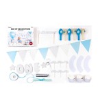 Set decor petrecere prima aniversare albastru si argintiu, pentru baietel, 33 piese