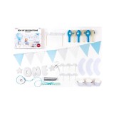 Set decor petrecere prima aniversare albastru si argintiu, pentru baietel, 33 piese