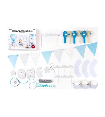 Set decor petrecere prima aniversare albastru si argintiu, pentru baietel, 33 piese foto
