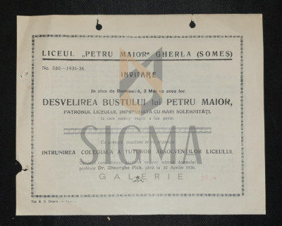 INVITATIE , LICEUL &amp;quot; PETRU MAIOR &amp;quot; GHERLA LA DEZVELIREA BUSTULUI -PETRU MAIOR, 1936 foto