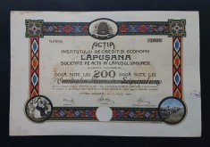 Actiune 1921 banca Lapusana , institut de credit si economii , actiuni , titlu foto