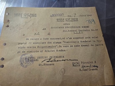 Adresa dactilografiata cu antetul Marelui Stat Major foto