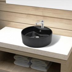 Bazin chiuveta ceramica baie cu gaura robinet/preaplin, rotund, negru foto
