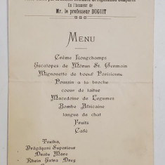 MENIUL DINEUL OERIT DE SOCIETATEA ROMANA DE LEGISLATIE COMPARATA IN ONOAREA PROFESORULUI DUGUIT , ATHENEE PALACE , 1925