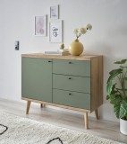 Comodă MAVAS &ndash; 107x40x83 cm, MDF/PAL Melaminat, 3 Sertare, 1 Ușă, Picioare Lemn Masiv