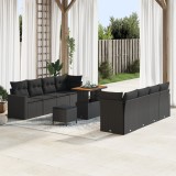 Set de sofa pentru gradina Gossi cu 11 piese cu perne negru poliratan acacia, set de masa pentru gradina Gossi cu 3 piese cu perne negru poliratan aca
