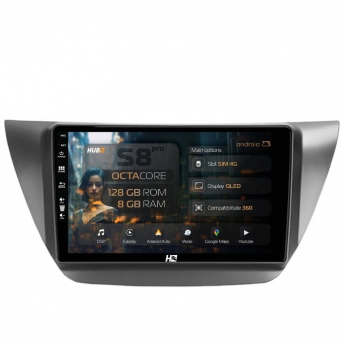 Navigatie Mitsubishi Lancer (2003-2007) 8GB RAM Android 13 Octacore Slot Sim 4G DSP GPS Wi-FI Carplay Android Auto USB Bluetooth Waze Touchscreen 9 In